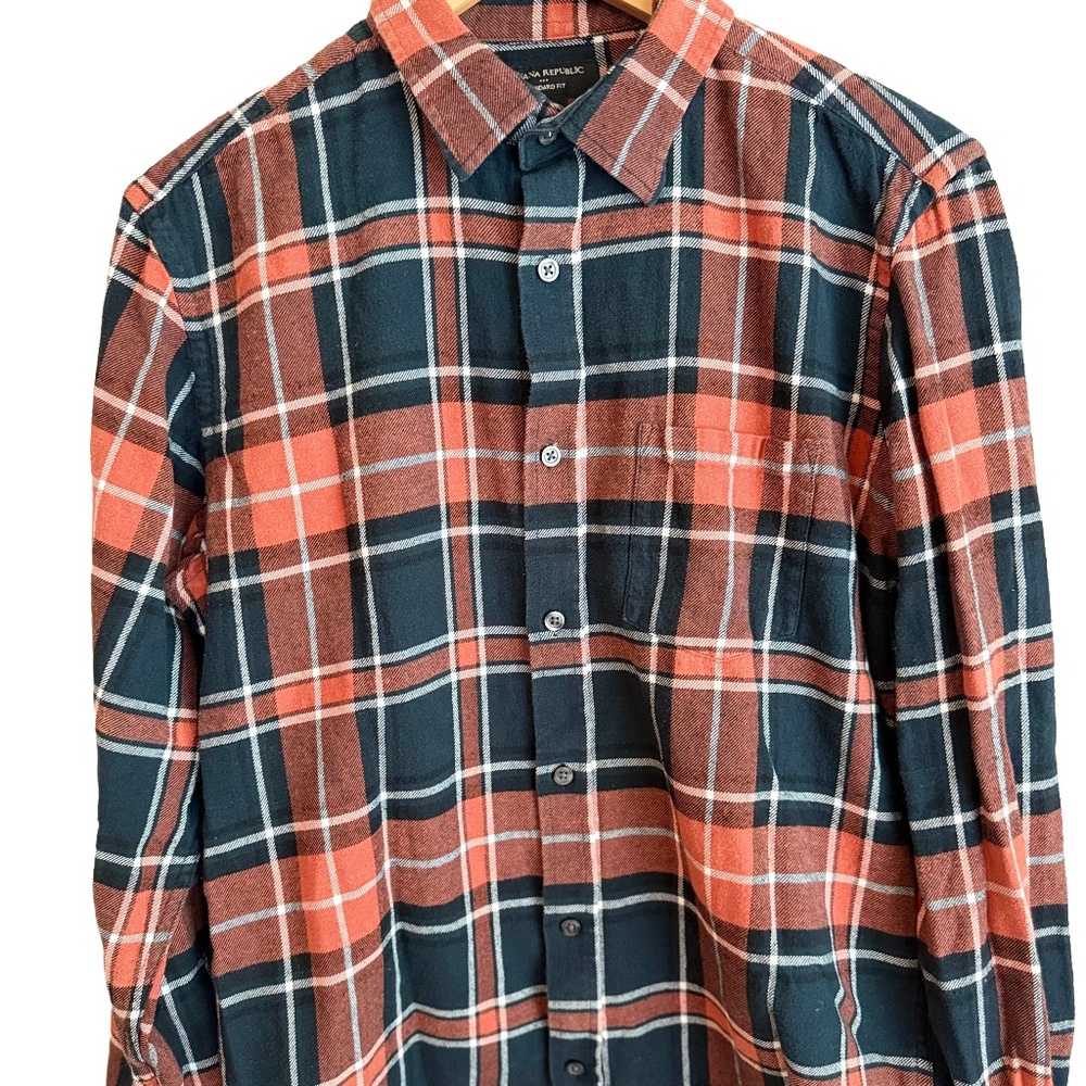 Banana Republic Orange Navy Plaid Flannel Mens Medium Long Sleeve Cabincore